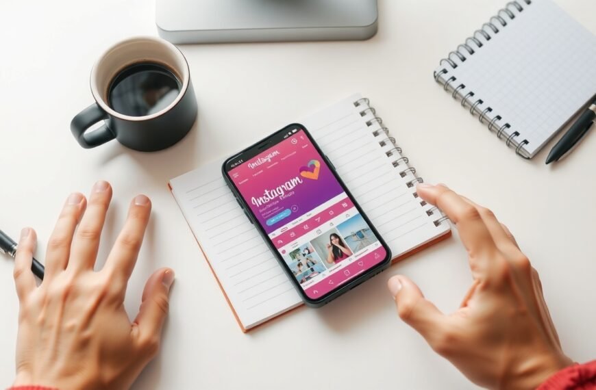 인스타 광고 - flat lay of smartphone displaying Instagram ad dashboard with notebook and coffee cup on white desk, Instagram advertising strategy concept