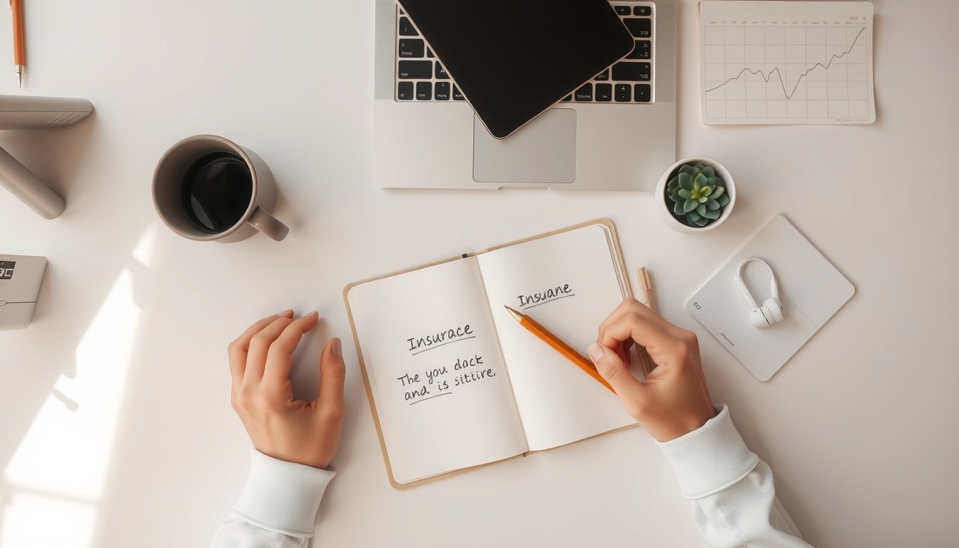 4대보험 - Korean small business owner upper body shot with face visible, reviewing insurance documents at office desk, natural hands, 4대보험 support application concept