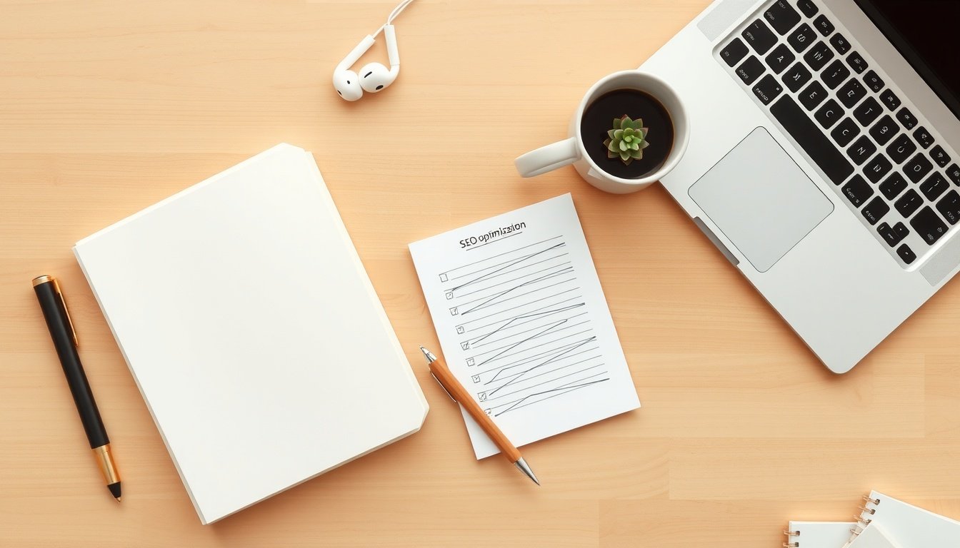 SEO 최적화 방법 - flat lay of SEO optimization checklist notebook and pen on wooden desk with coffee cup, top view