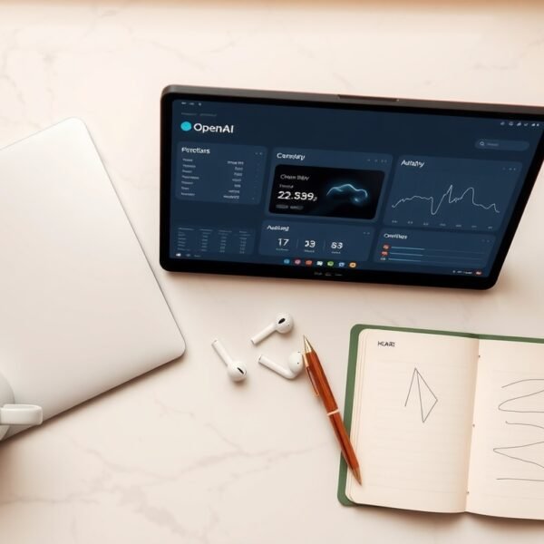 GPT API - flat lay of laptop showing OpenAI GPT API dashboard on screen, with notebook and coffee cup on white desk, GPT API concept