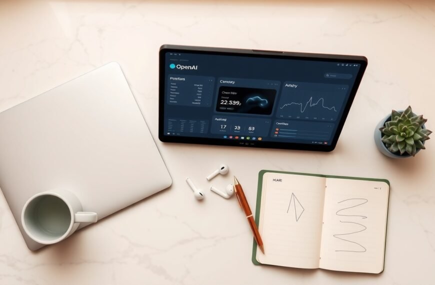 GPT API - flat lay of laptop showing OpenAI GPT API dashboard on screen, with notebook and coffee cup on white desk, GPT API concept