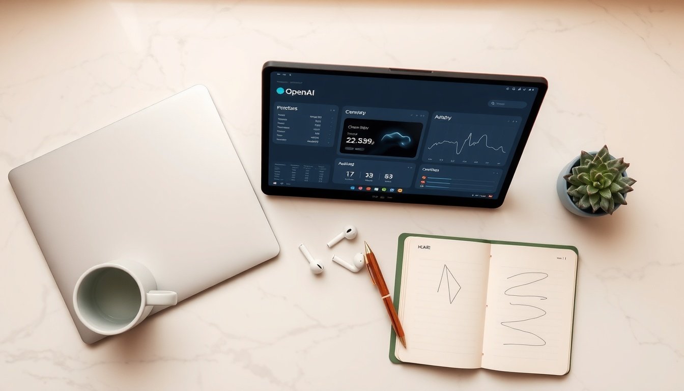 GPT API - flat lay of laptop showing OpenAI GPT API dashboard on screen, with notebook and coffee cup on white desk, GPT API concept