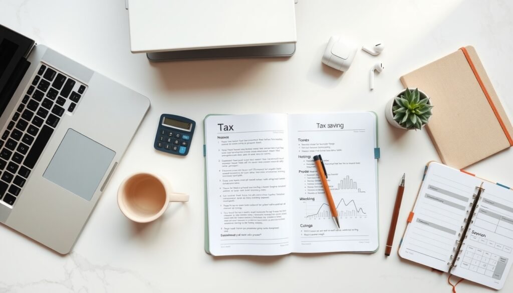 절세 방법 - flat lay of Korean tax documents, calculator, and pen on white desk, tax saving strategy concept