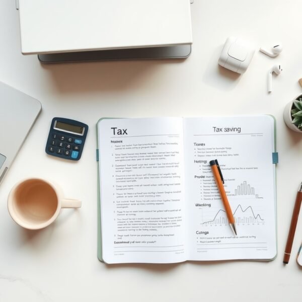 절세 방법 - flat lay of Korean tax documents, calculator, and pen on white desk, tax saving strategy concept