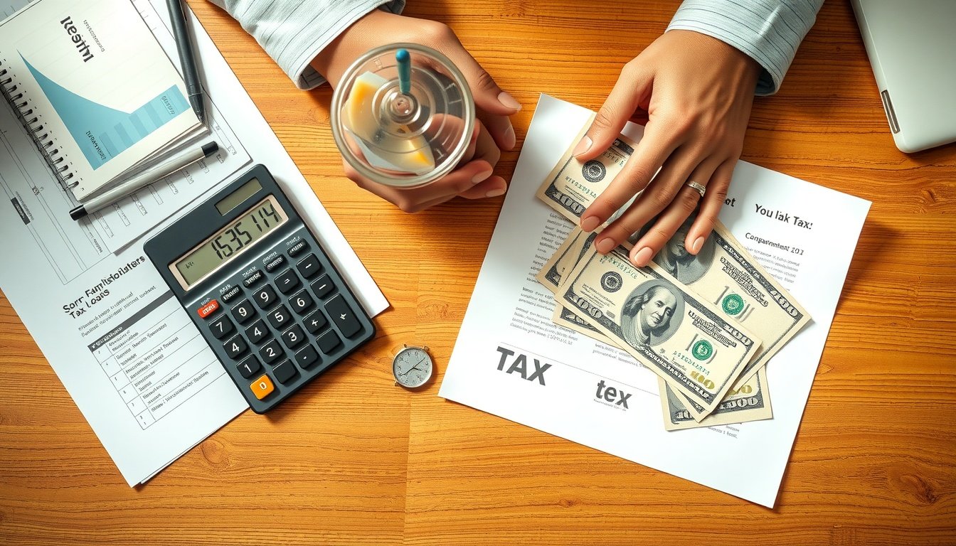 해외 주식 - flat lay of tax documents, calculator, and US dollar bills on wooden desk, overseas stock tax calculation concept