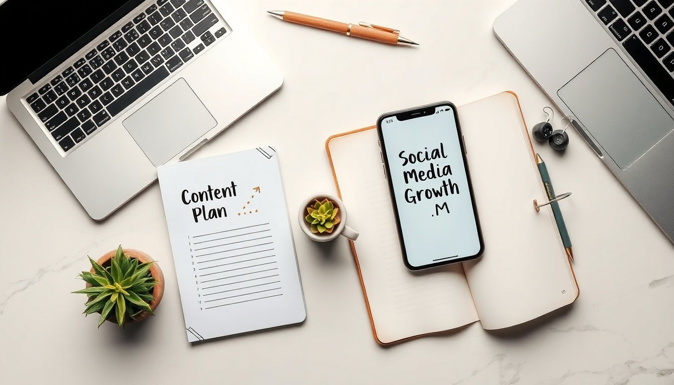 크리에이터 수익 - flat lay of notebook with content plan, smartphone showing social media growth metrics, and pen on wooden desk, creator revenue strategy 2026