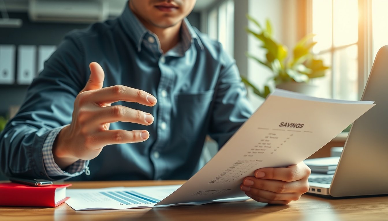 적금 추천 - Korean man upper body shot with face visible, checking financial documents at desk with natural hands, savings plan review concept