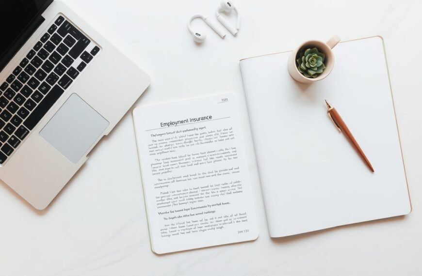 실업급여 신청 - flat lay of employment insurance documents and laptop on white desk, unemployment benefit application concept Korea 2026