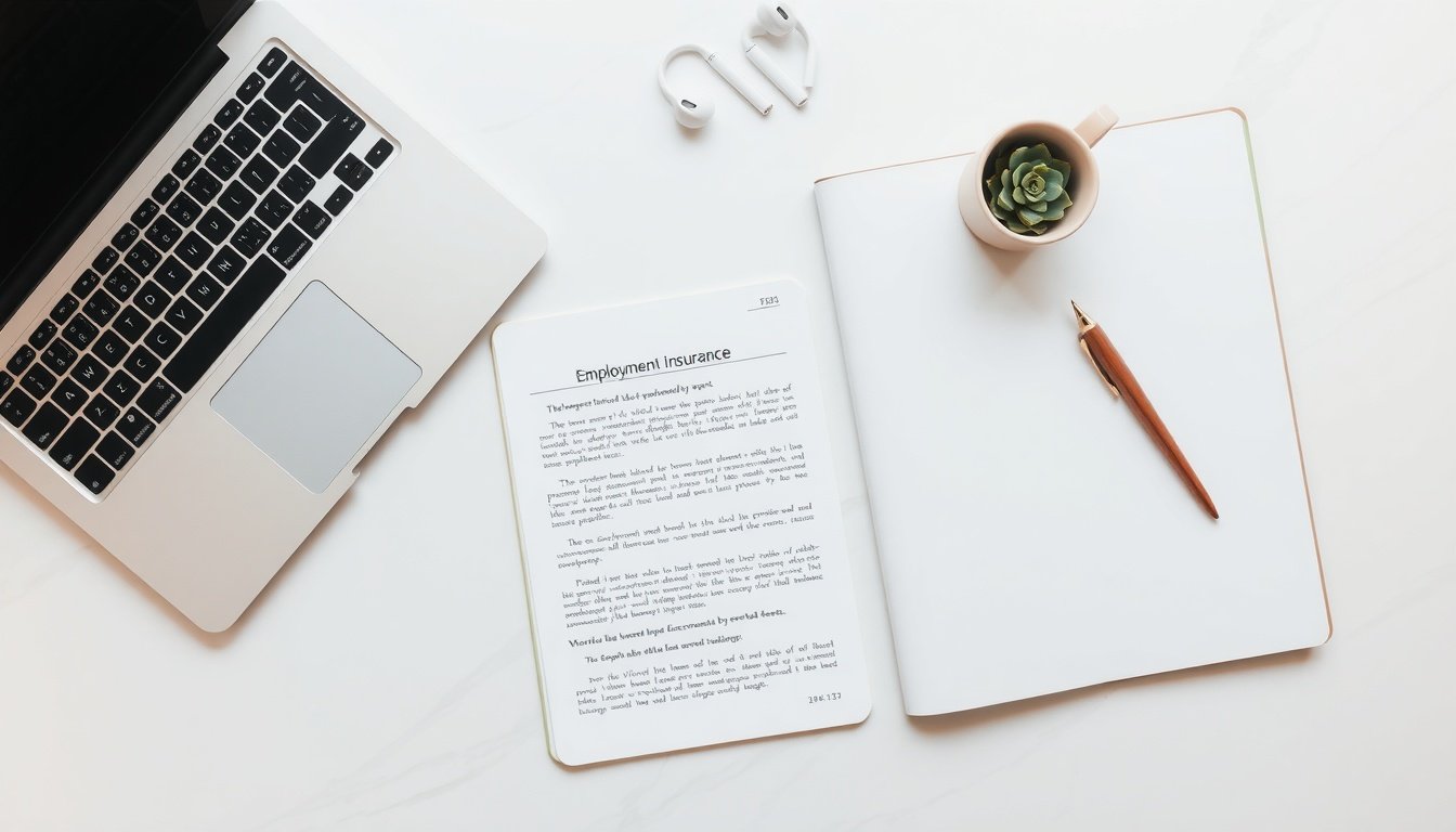 실업급여 신청 - flat lay of employment insurance documents and laptop on white desk, unemployment benefit application concept Korea 2026