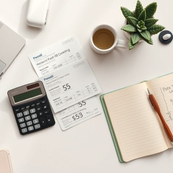 퇴직금 계산 - flat lay of calculator, payslip documents, and Korean won bills on white desk, retirement pay calculation concept