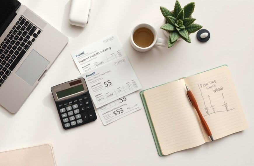 퇴직금 계산 - flat lay of calculator, payslip documents, and Korean won bills on white desk, retirement pay calculation concept
