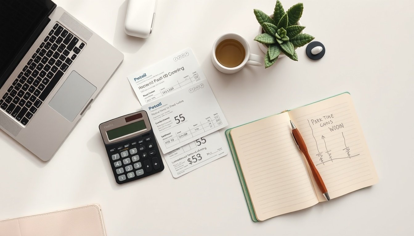 퇴직금 계산 - flat lay of calculator, payslip documents, and Korean won bills on white desk, retirement pay calculation concept