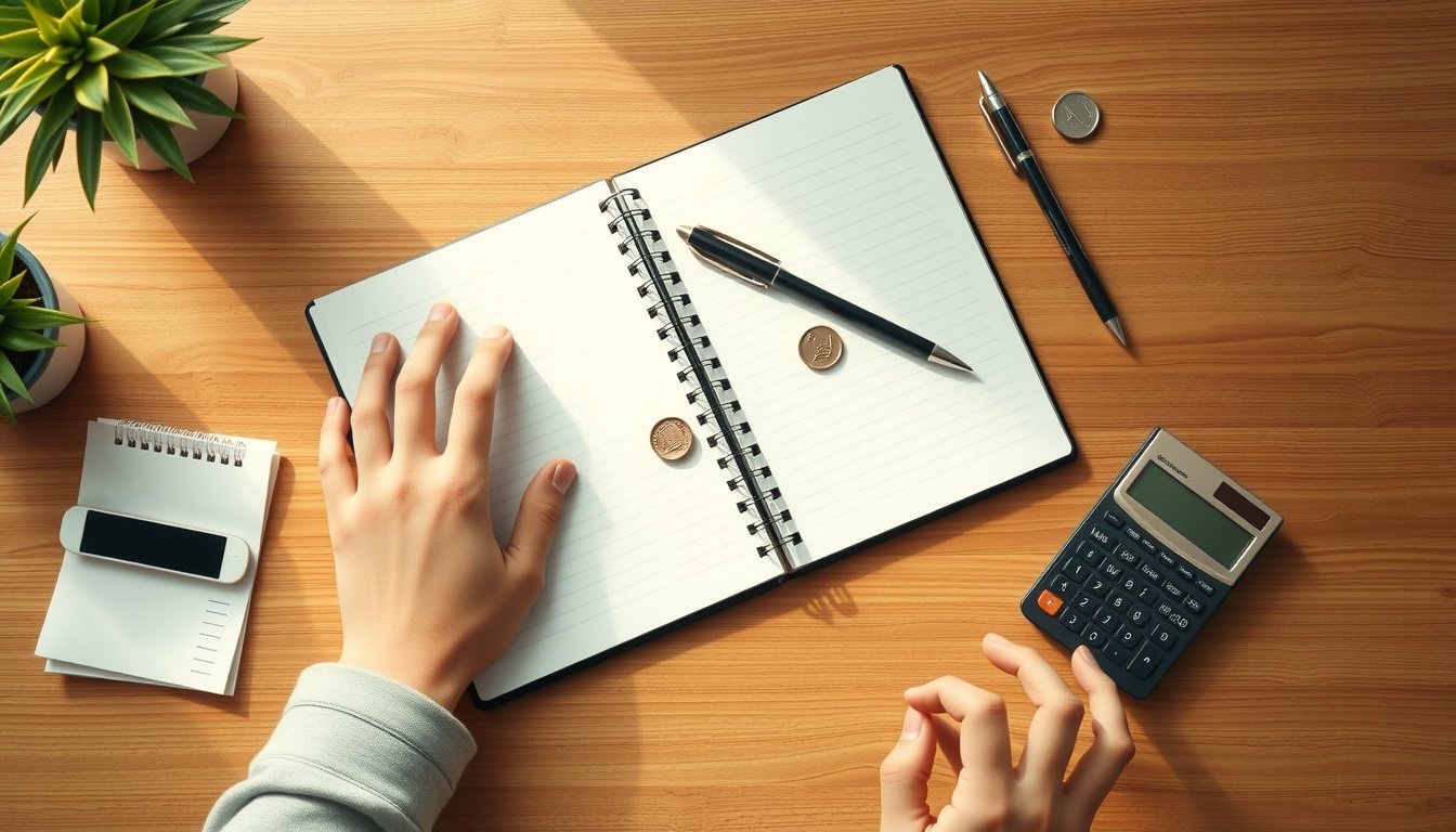 부업 추천 - flat lay of Korean side income planning notebook, calculator, coins and pen on wooden desk, part-time job recommendation concept