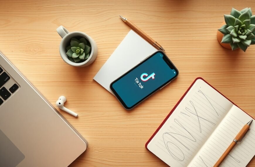 틱톡 알고리즘 - flat lay of smartphone showing TikTok app on wooden desk with notebook and pen, TikTok algorithm strategy concept