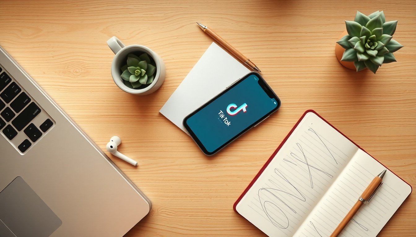 틱톡 알고리즘 - flat lay of smartphone showing TikTok app on wooden desk with notebook and pen, TikTok algorithm strategy concept
