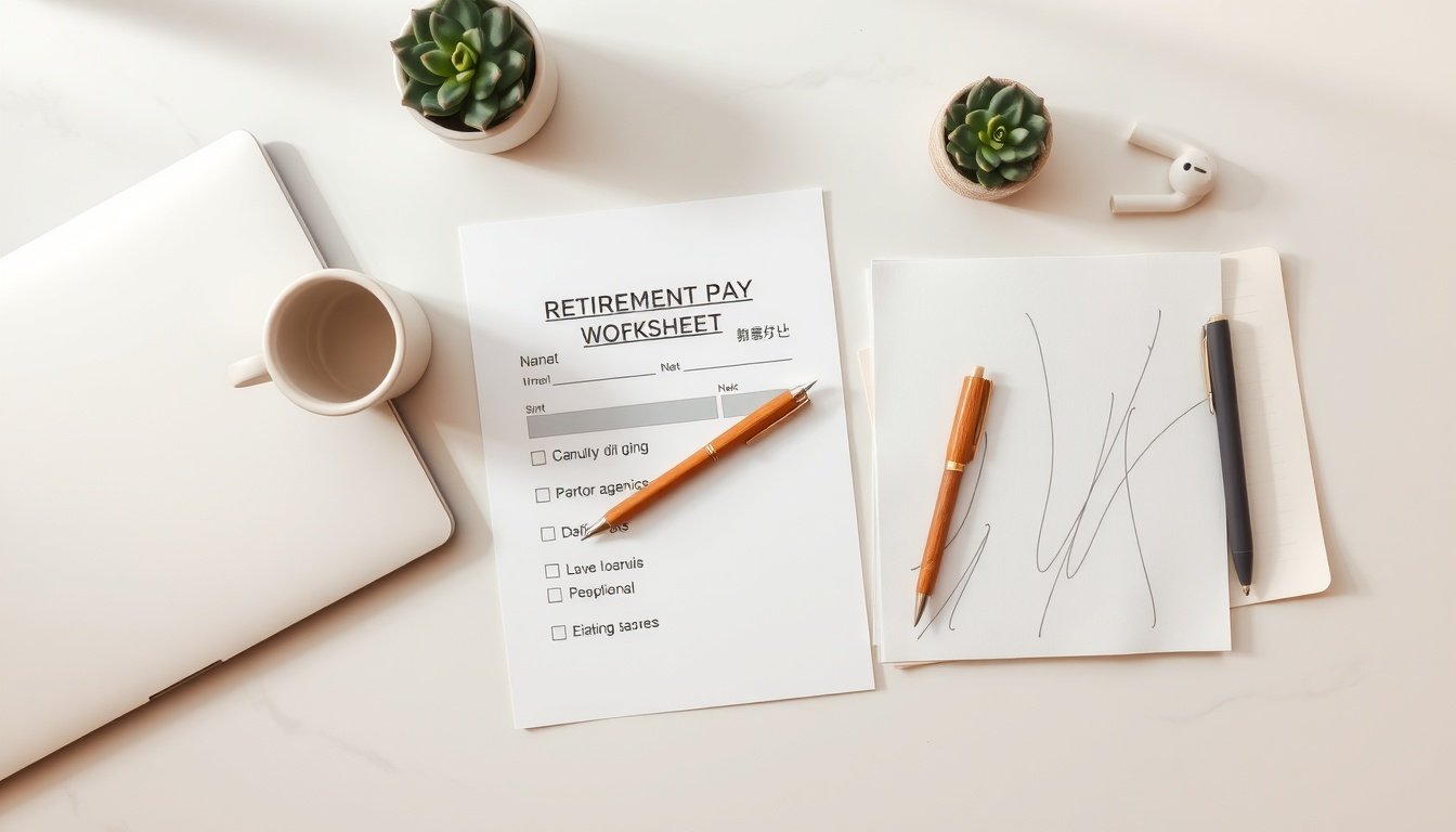 퇴직금 계산 - flat lay of retirement pay calculation worksheet, pen, and Korean employment documents on wooden desk, retirement benefits concept