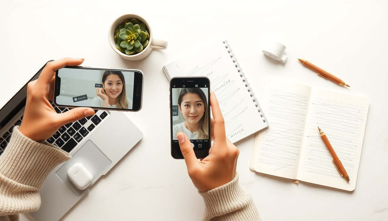 틱톡 마케팅 - Korean woman upper body shot with face visible, holding smartphone and filming TikTok content in bright studio, natural hands