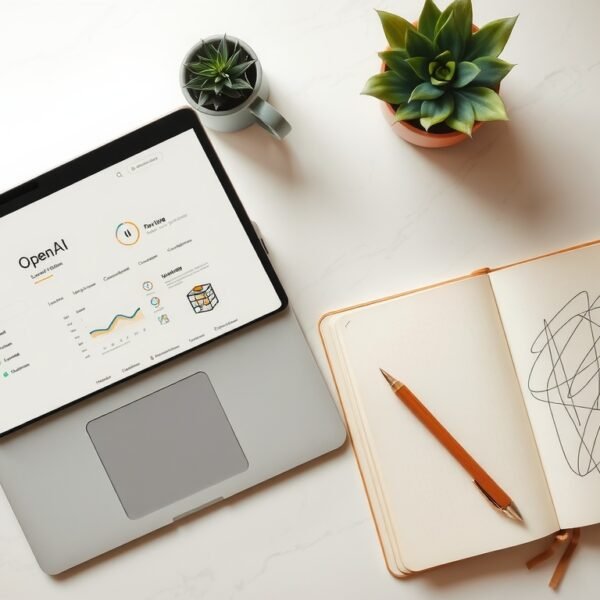 GPT API - flat lay of laptop with OpenAI GPT API dashboard on screen, notebook and coffee cup on white desk, tech workspace concept