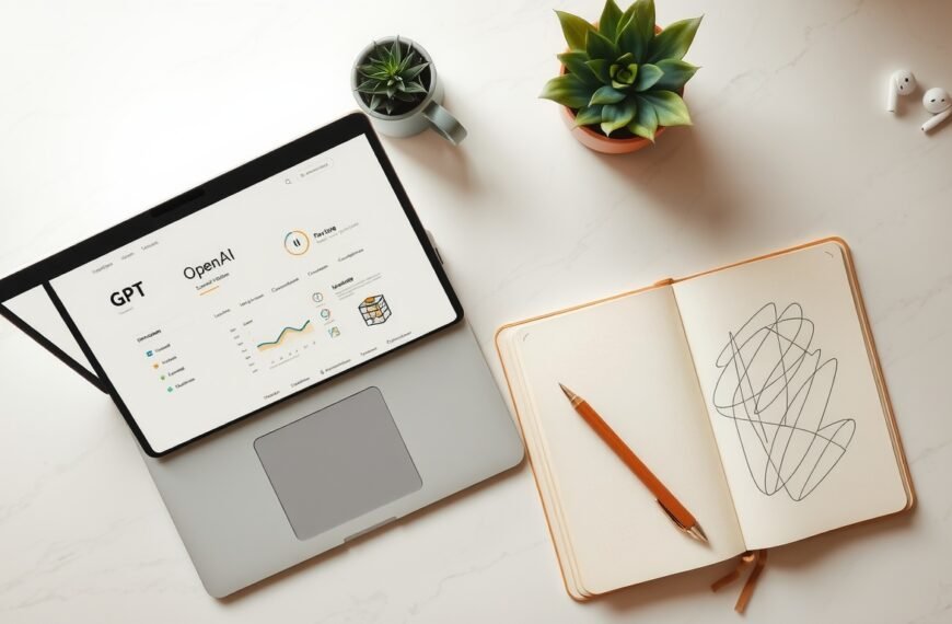 GPT API - flat lay of laptop with OpenAI GPT API dashboard on screen, notebook and coffee cup on white desk, tech workspace concept