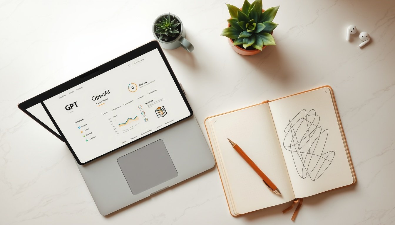 GPT API - flat lay of laptop with OpenAI GPT API dashboard on screen, notebook and coffee cup on white desk, tech workspace concept