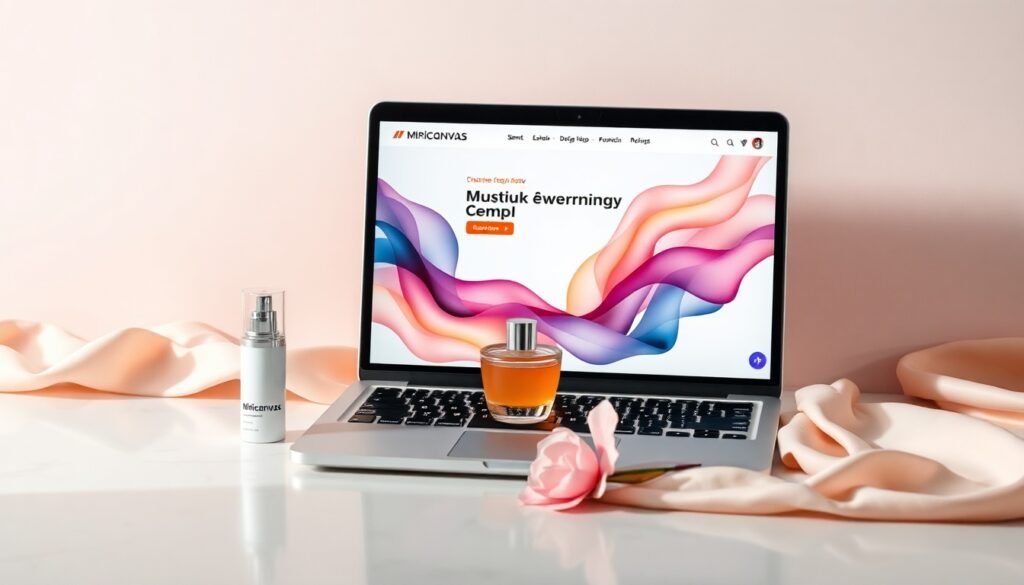 미리캔버스 디자인허브 - flat lay of laptop displaying Miricanvas design hub interface with colorful templates on white desk, AI design tool concept