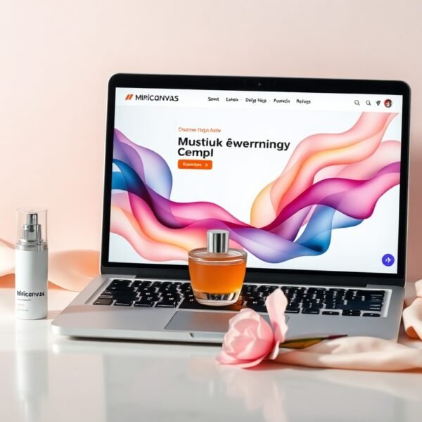 미리캔버스 디자인허브 - flat lay of laptop displaying Miricanvas design hub interface with colorful templates on white desk, AI design tool concept