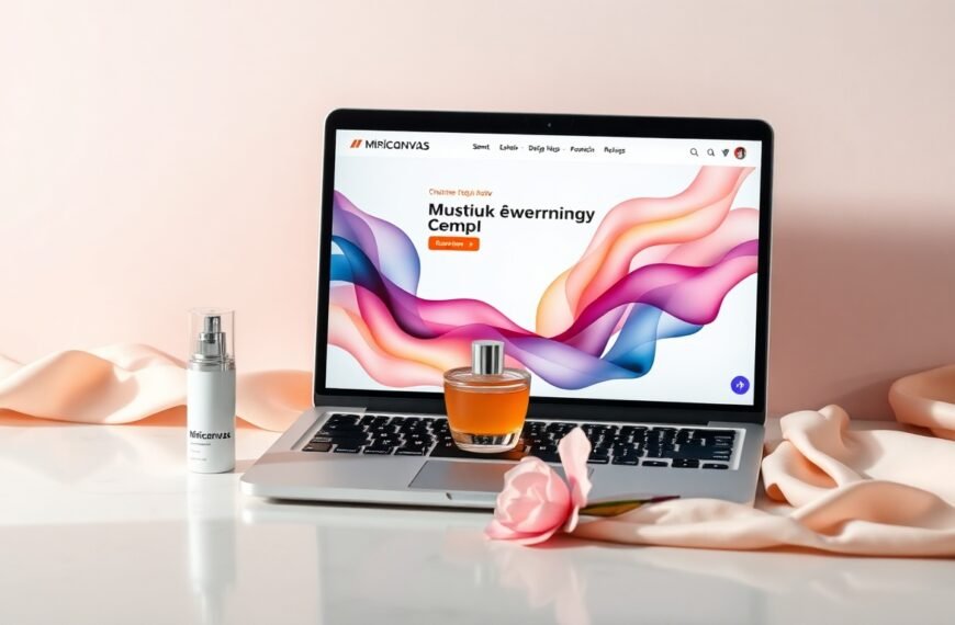 미리캔버스 디자인허브 - flat lay of laptop displaying Miricanvas design hub interface with colorful templates on white desk, AI design tool concept
