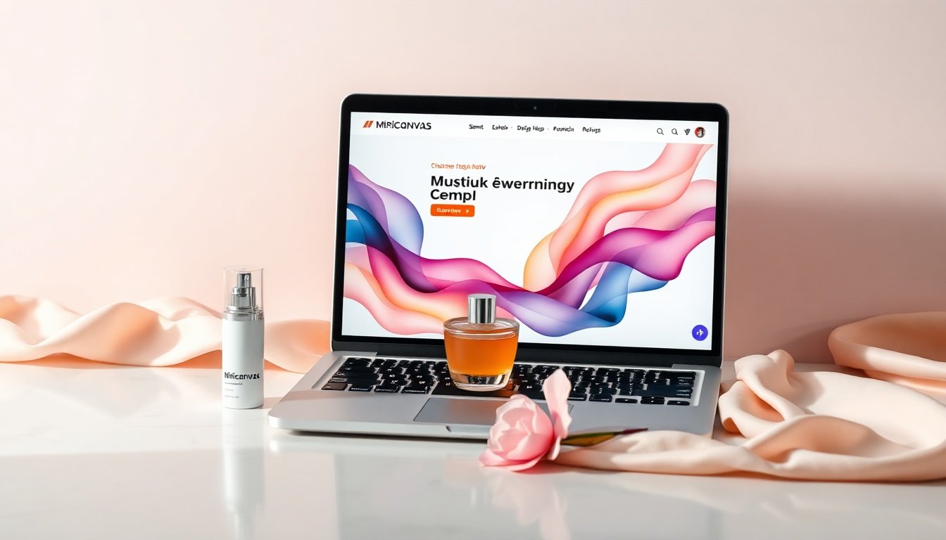 미리캔버스 디자인허브 - flat lay of laptop displaying Miricanvas design hub interface with colorful templates on white desk, AI design tool concept