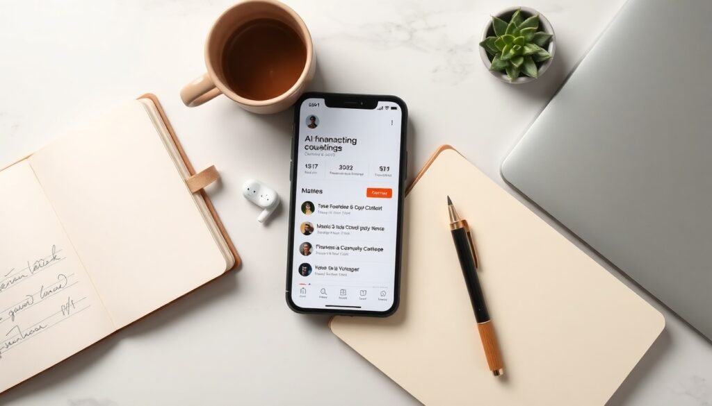 금융 상담 - flat lay of smartphone showing AI financial consulting chatbot interface with warning alert icon on white desk