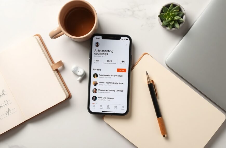금융 상담 - flat lay of smartphone showing AI financial consulting chatbot interface with warning alert icon on white desk