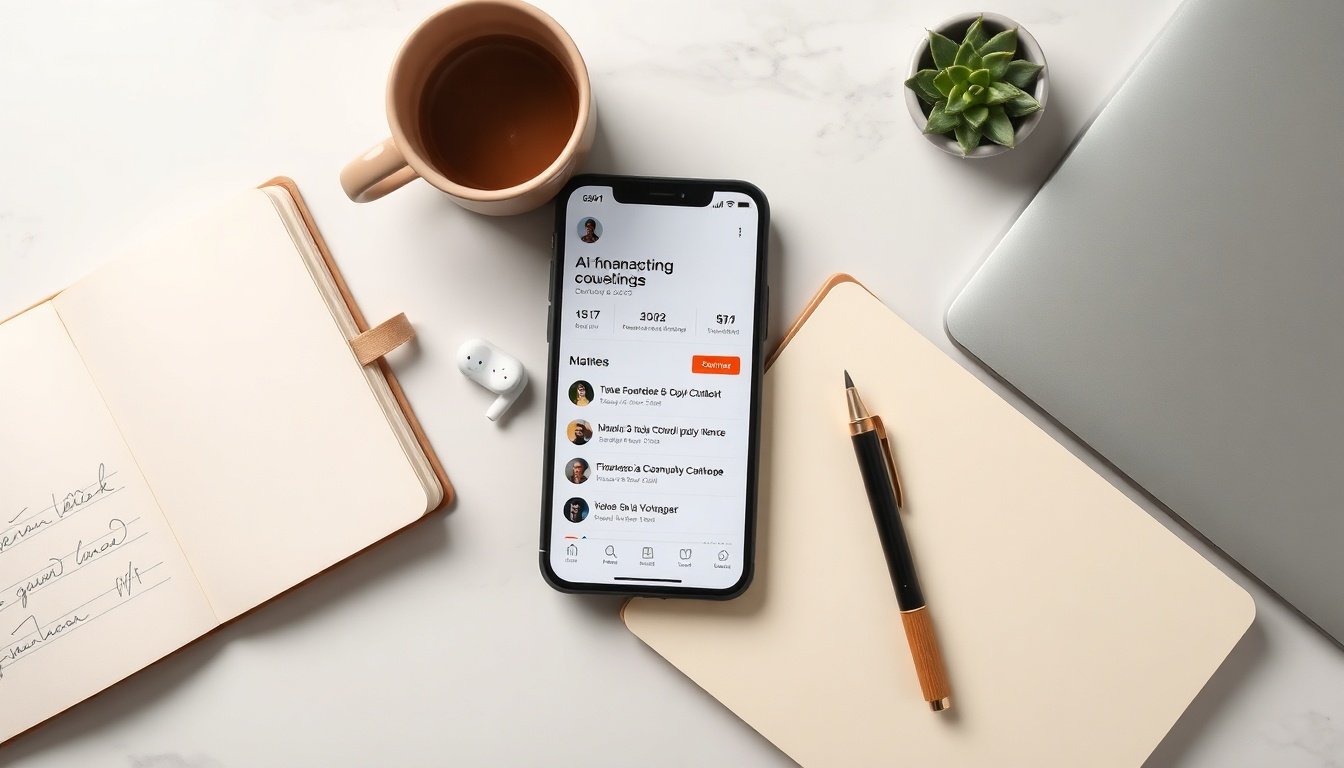 금융 상담 - flat lay of smartphone showing AI financial consulting chatbot interface with warning alert icon on white desk