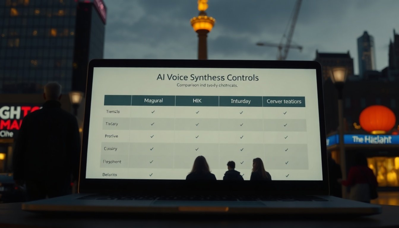 AI 음성합성 - comparison chart of AI voice synthesis tools on laptop screen, upper body shot of Korean man with face visible, natural hands pointing at screen in home office