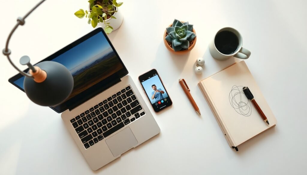 줌회의 - flat lay of laptop and smartphone on white desk showing zoom meeting interface, online video conference concept