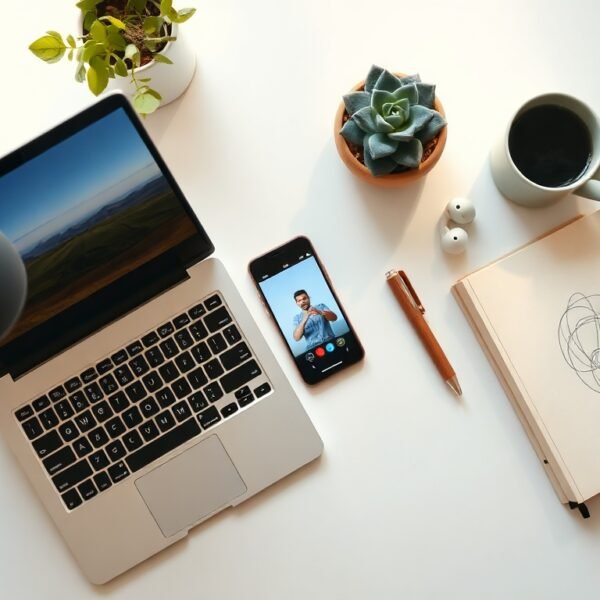줌회의 - flat lay of laptop and smartphone on white desk showing zoom meeting interface, online video conference concept