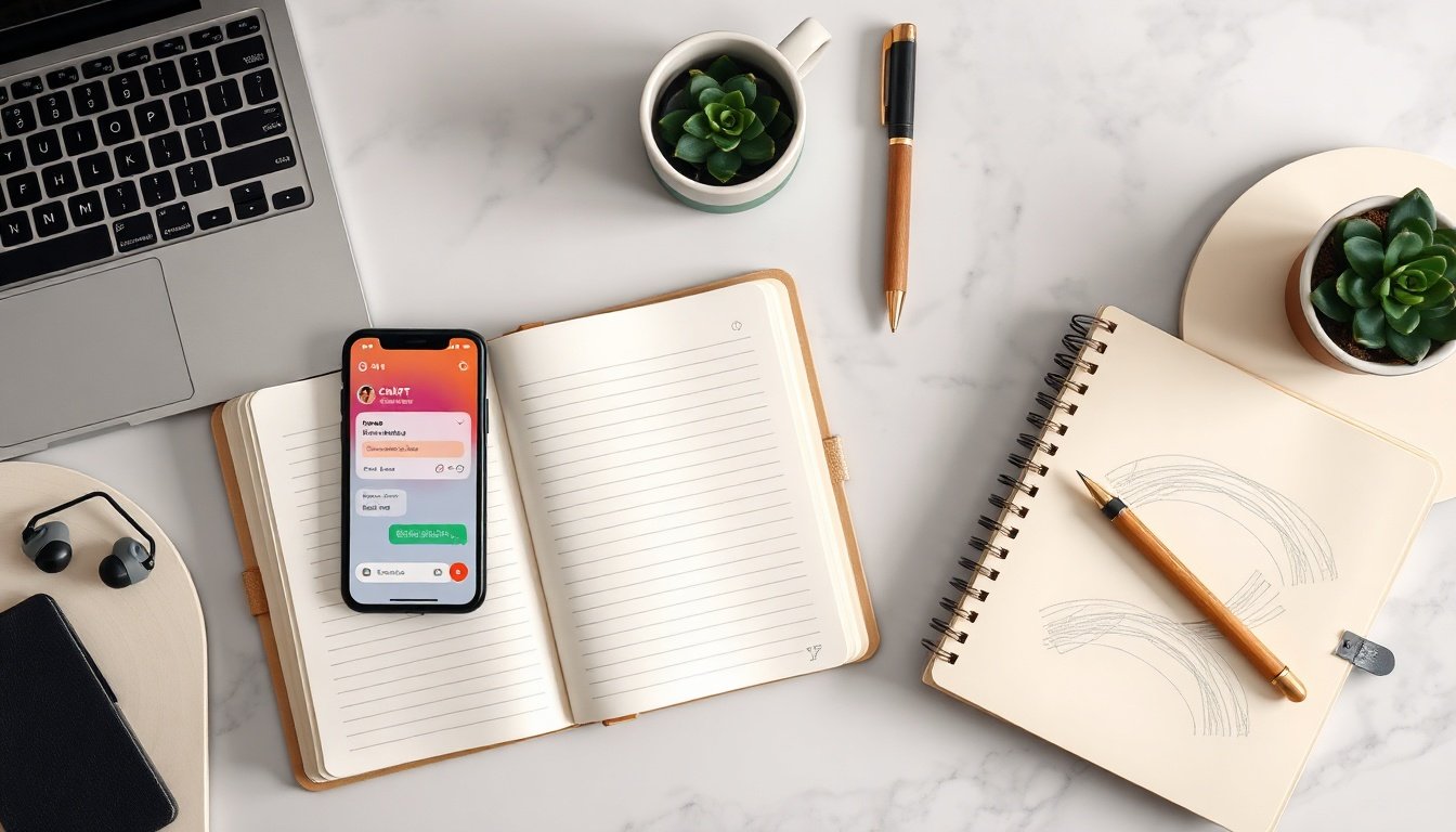 무료챗GPT 직장인 재택근무 활용법 - flat lay of smartphone showing ChatGPT interface, notebook with work plan, and coffee cup on white desk, remote work productivity concept