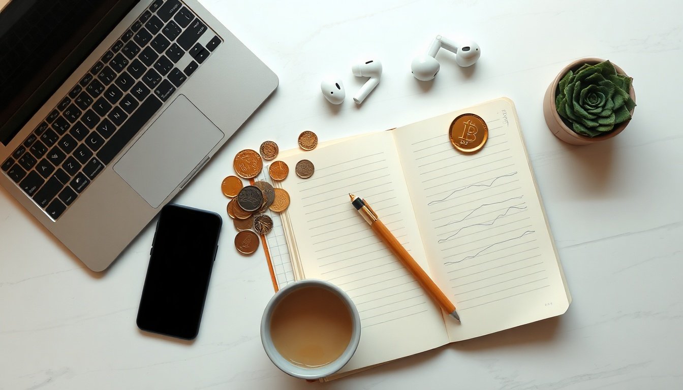금융 상담 - flat lay of AI financial consulting concept with smartphone, coins, calculator and warning sign on modern desk, fintech security theme