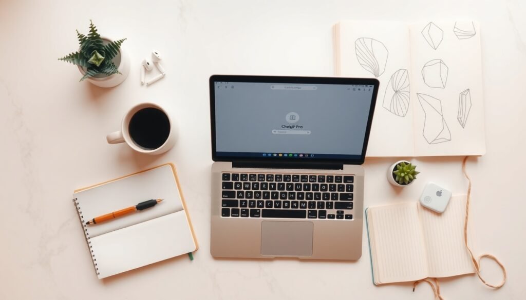 chatgpt pro - flat lay of laptop displaying ChatGPT Pro interface with notebook and coffee cup on white desk, AI technology concept