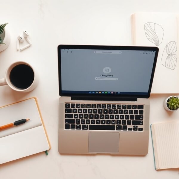 chatgpt pro - flat lay of laptop displaying ChatGPT Pro interface with notebook and coffee cup on white desk, AI technology concept