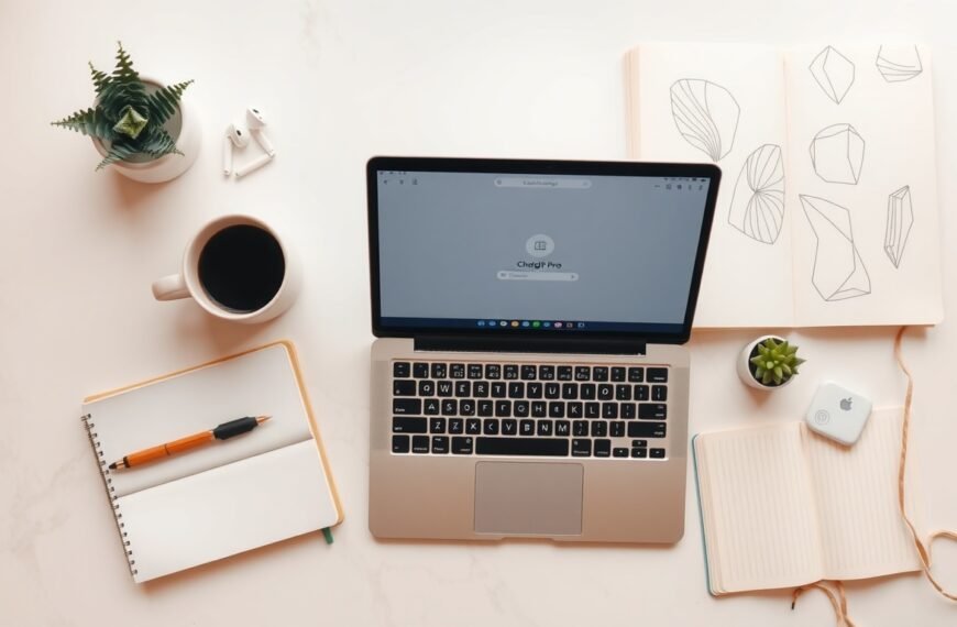 chatgpt pro - flat lay of laptop displaying ChatGPT Pro interface with notebook and coffee cup on white desk, AI technology concept