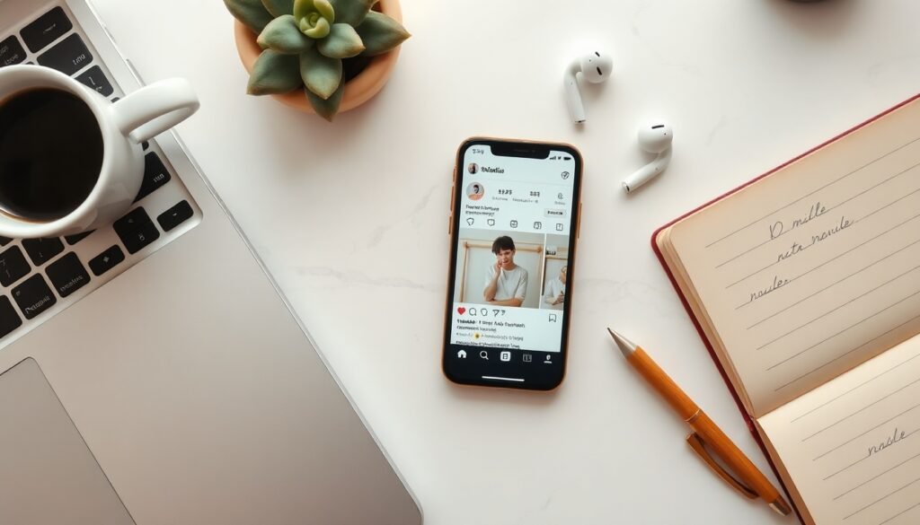 인스타샵 - flat lay of smartphone showing Instagram shop interface with product tags, white desk background, insta shop concept
