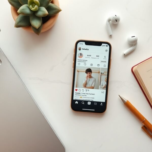 인스타샵 - flat lay of smartphone showing Instagram shop interface with product tags, white desk background, insta shop concept