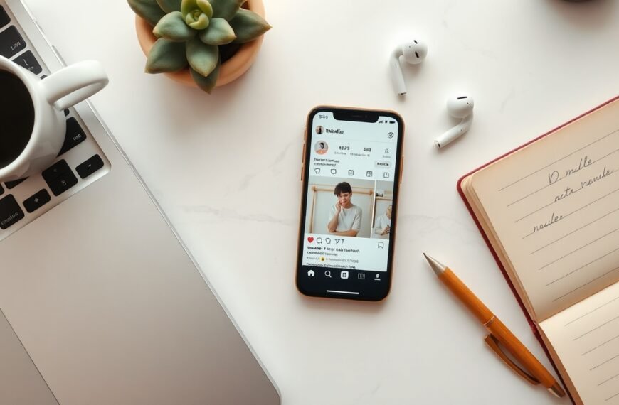인스타샵 - flat lay of smartphone showing Instagram shop interface with product tags, white desk background, insta shop concept