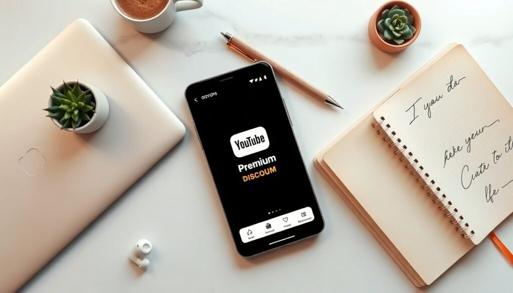유튜브프리미엄쿠폰 - flat lay of smartphone displaying YouTube Premium app on white desk with discount coupon concept