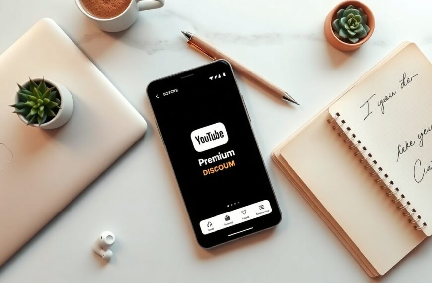 유튜브프리미엄쿠폰 - flat lay of smartphone displaying YouTube Premium app on white desk with discount coupon concept