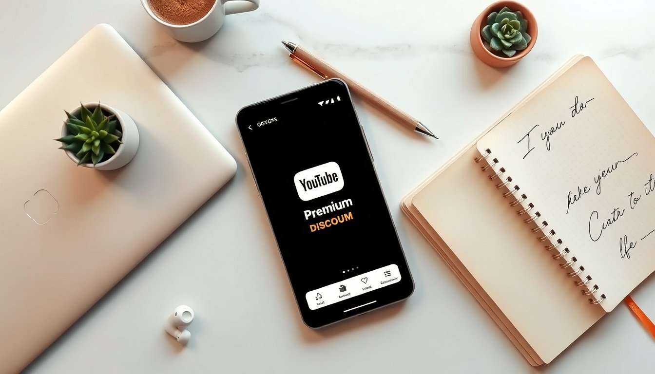 유튜브프리미엄쿠폰 - flat lay of smartphone displaying YouTube Premium app on white desk with discount coupon concept