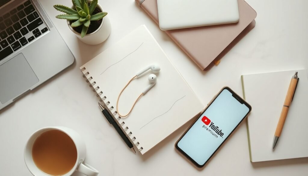 유튜브프리미엄싸게 - flat lay of smartphone showing YouTube Premium logo on white desk with earphones and notebook, cost-saving concept