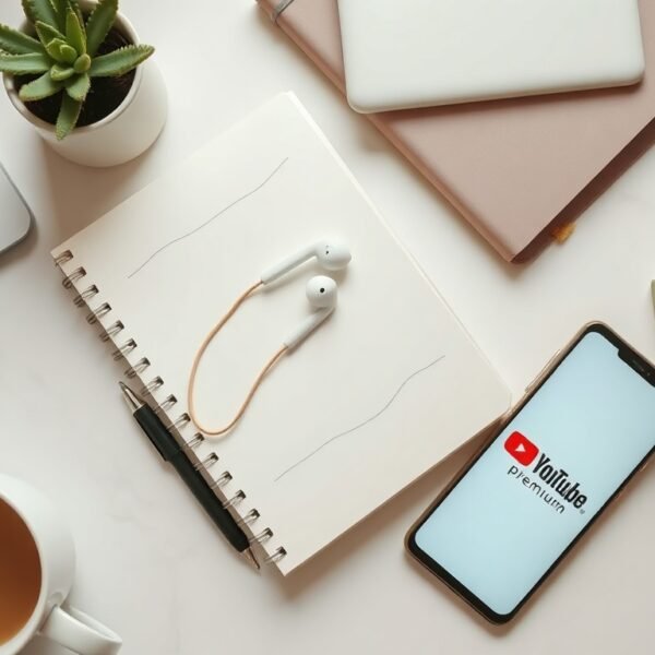 유튜브프리미엄싸게 - flat lay of smartphone showing YouTube Premium logo on white desk with earphones and notebook, cost-saving concept