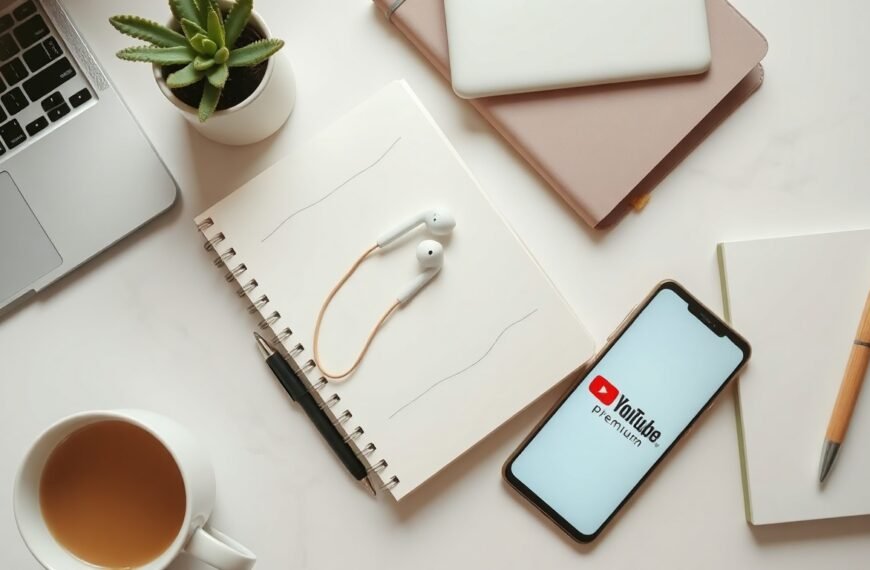 유튜브프리미엄싸게 - flat lay of smartphone showing YouTube Premium logo on white desk with earphones and notebook, cost-saving concept