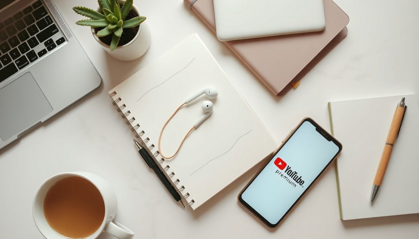 유튜브프리미엄싸게 - flat lay of smartphone showing YouTube Premium logo on white desk with earphones and notebook, cost-saving concept
