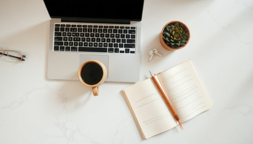 AICE자격증 - flat lay of AICE AI certificate exam study materials, notebook and laptop on white desk, AI technology concept